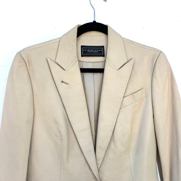 Vintage Richard Tyler Couture Leather Blazer USA Silk 8 Cream Jacket - Picture 4 of 8
